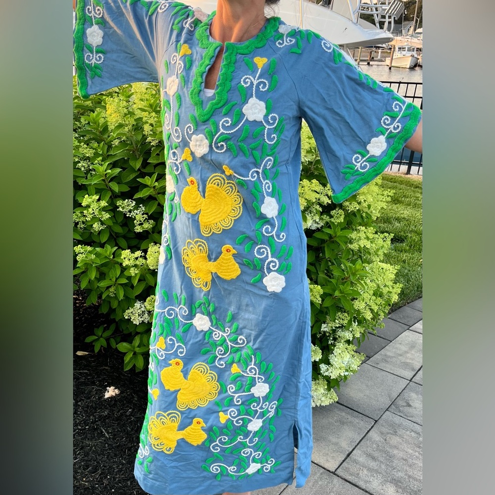 Frances Valentine Yellow, White and Green Embroidered Blue Peacock Caftan